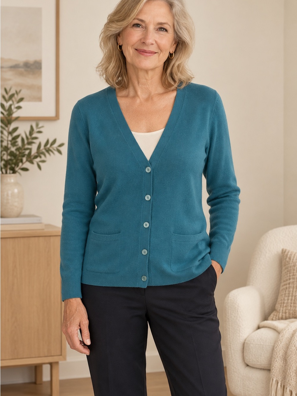 Classic soft cashmere Talbots Teal V-Neck Button Cardigan